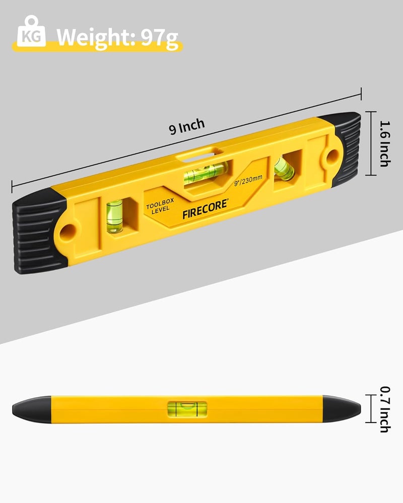 Firecore Torpedo Level Magnetic, 9 Inch Shockproof Small Leveler Tool with 3 Bubble Spirit Level 45 90 180 Degree, Construction Levelers for Hanging Pictures Install Shelf Home Renovation - Image 5