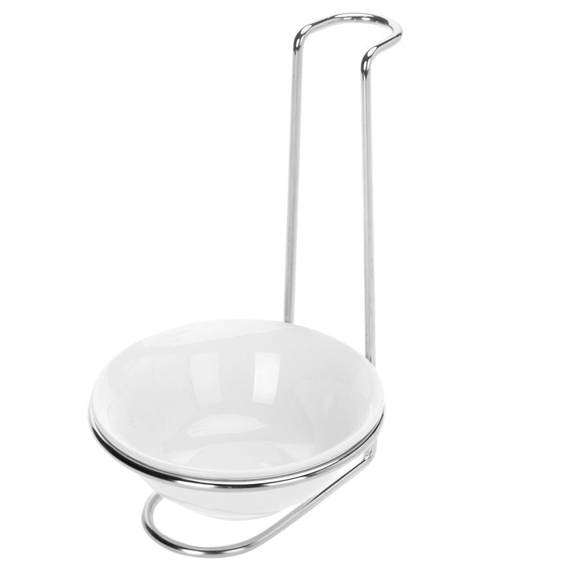 MyGift White Ceramic Ladle Holder Spoon Rest Upright Single Cooking Utensil Holder Vertical Drip Catcher Dish with Stainless Steel Stand for Kitchen Counter - Image 2