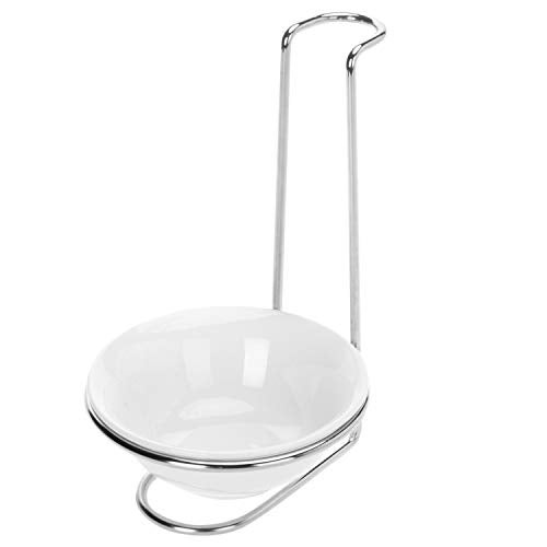 MyGift White Ceramic Ladle Holder Spoon Rest Upright Single Cooking Utensil Holder Vertical Drip Catcher Dish with Stainless Steel Stand for Kitchen Counter - Image 1