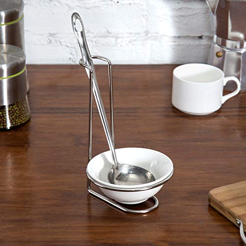 MyGift White Ceramic Ladle Holder Spoon Rest Upright Single Cooking Utensil Holder Vertical Drip Catcher Dish with Stainless Steel Stand for Kitchen Counter - Image 3