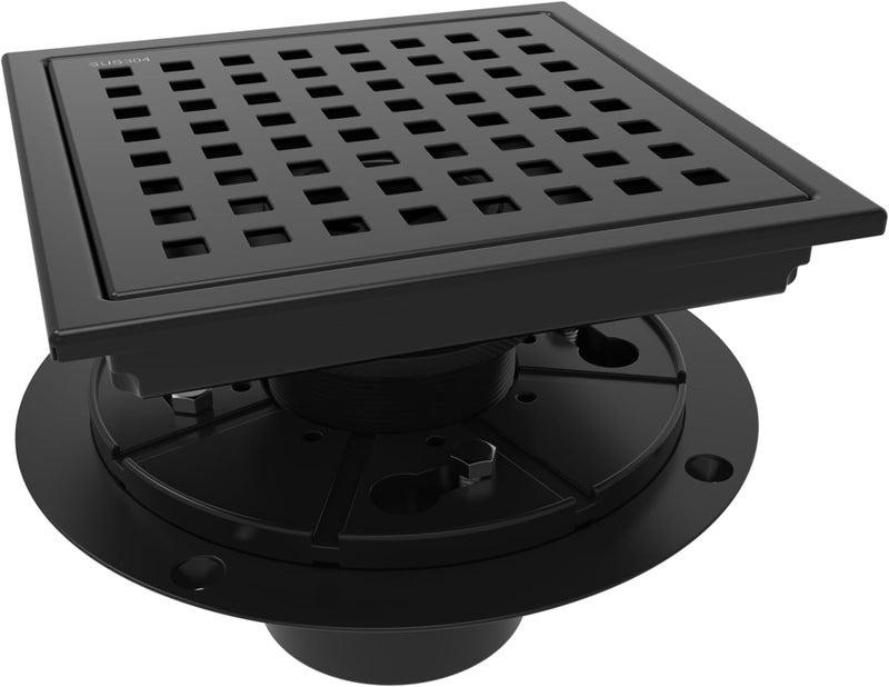 WEBANG 6 Inch Square Shower Floor Drain with Flange,Quadrato Pattern Grate Removable,Food-Grade SUS 304 Stainless Steel,Watermark&CUPC Certified,Matte Black - Image 1