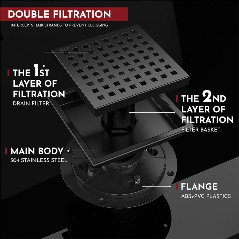 WEBANG 6 Inch Square Shower Floor Drain with Flange,Quadrato Pattern Grate Removable,Food-Grade SUS 304 Stainless Steel,Watermark&CUPC Certified,Matte Black - Image 4