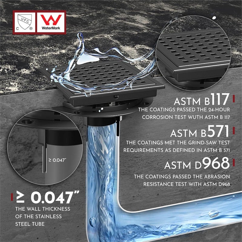 WEBANG 6 Inch Square Shower Floor Drain with Flange,Quadrato Pattern Grate Removable,Food-Grade SUS 304 Stainless Steel,Watermark&CUPC Certified,Matte Black - Image 5