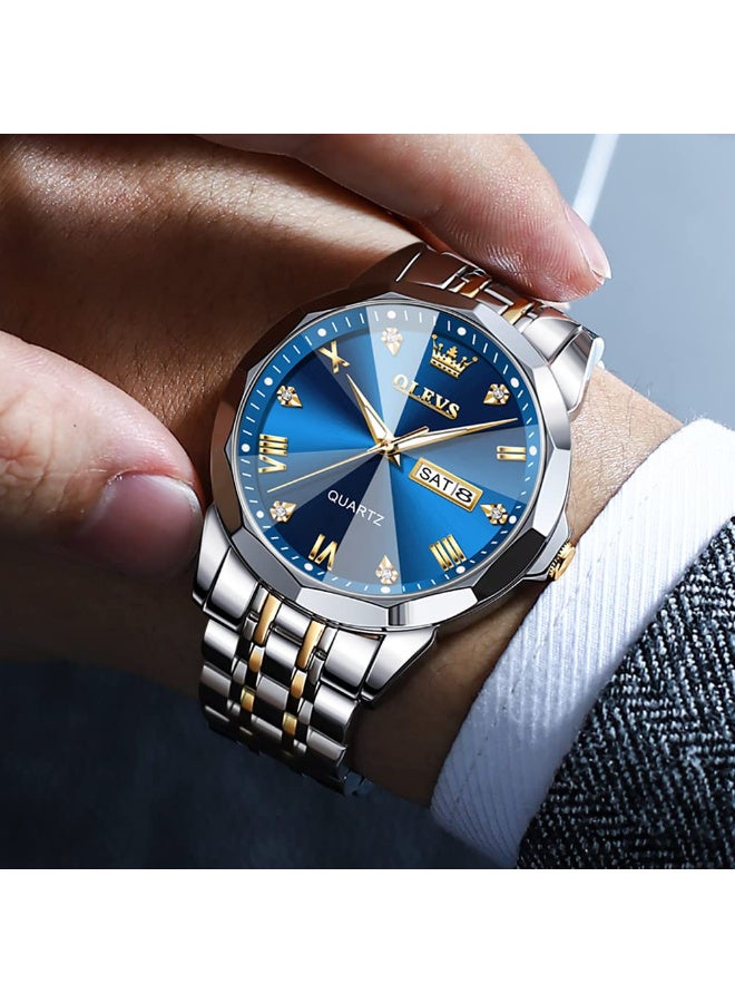 OLEVS Watch for Men Diamond Business Dress Analog Quartz Stainless Steel Waterproof Luminous Date Two Tone Luxury Casual Wrist Watch - 41mm - Blue - 9931 - Image 4