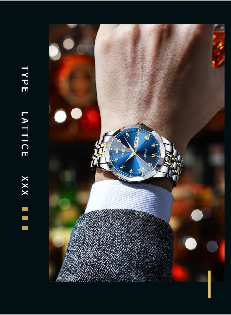 OLEVS Watch for Men Diamond Business Dress Analog Quartz Stainless Steel Waterproof Luminous Date Two Tone Luxury Casual Wrist Watch - 41mm - Blue - 9931 - Image 3