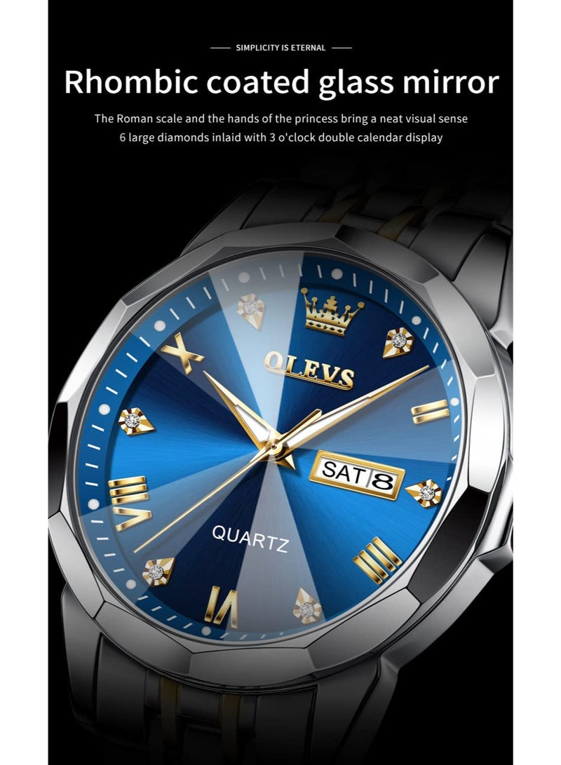 OLEVS Watch for Men Diamond Business Dress Analog Quartz Stainless Steel Waterproof Luminous Date Two Tone Luxury Casual Wrist Watch - 41mm - Blue - 9931 - Image 5