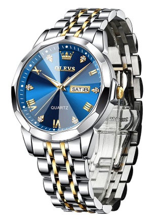 Watch for Men Diamond Business Dress Analog Quartz Stainless Steel Waterproof Luminous Date Two Tone Luxury Casual Wrist Watch - 41mm - Blue - 9931
