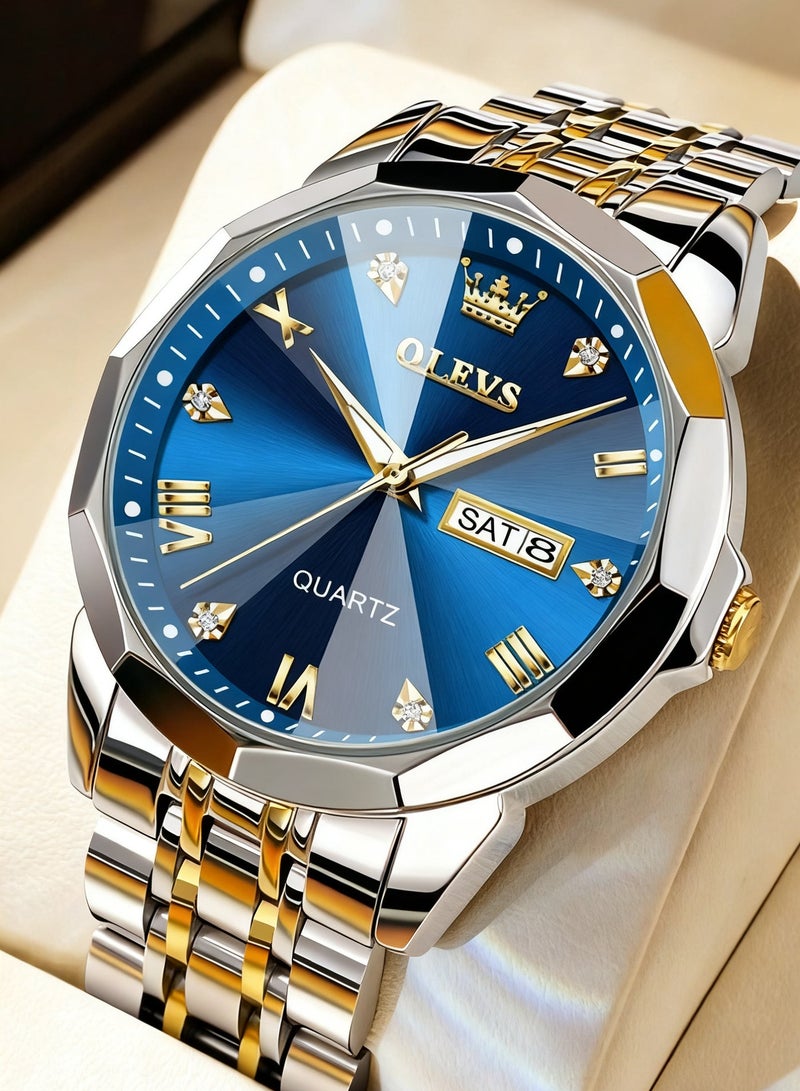 OLEVS Watch for Men Diamond Business Dress Analog Quartz Stainless Steel Waterproof Luminous Date Two Tone Luxury Casual Wrist Watch - 41mm - Blue - 9931 - Image 2