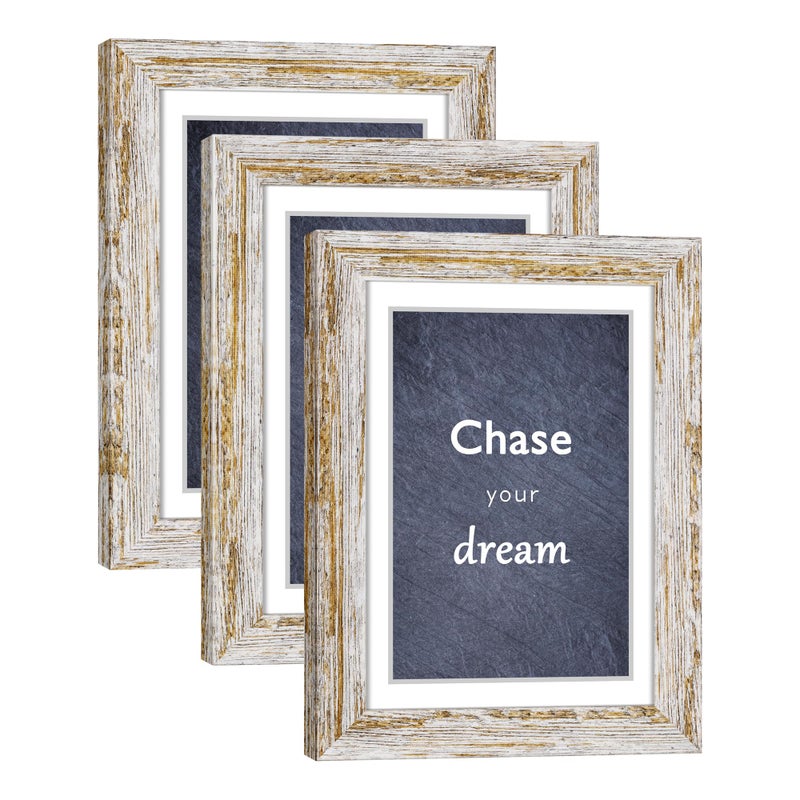 DEKWINN Rustic Distressed Retro Style White Photo Frame 5x7 Picture Frame Set of 3 with Real Glass for Pictures 4x6 with Mat or 5x7 Without Mat, Wall Gallery or Tabletop display - Image 1