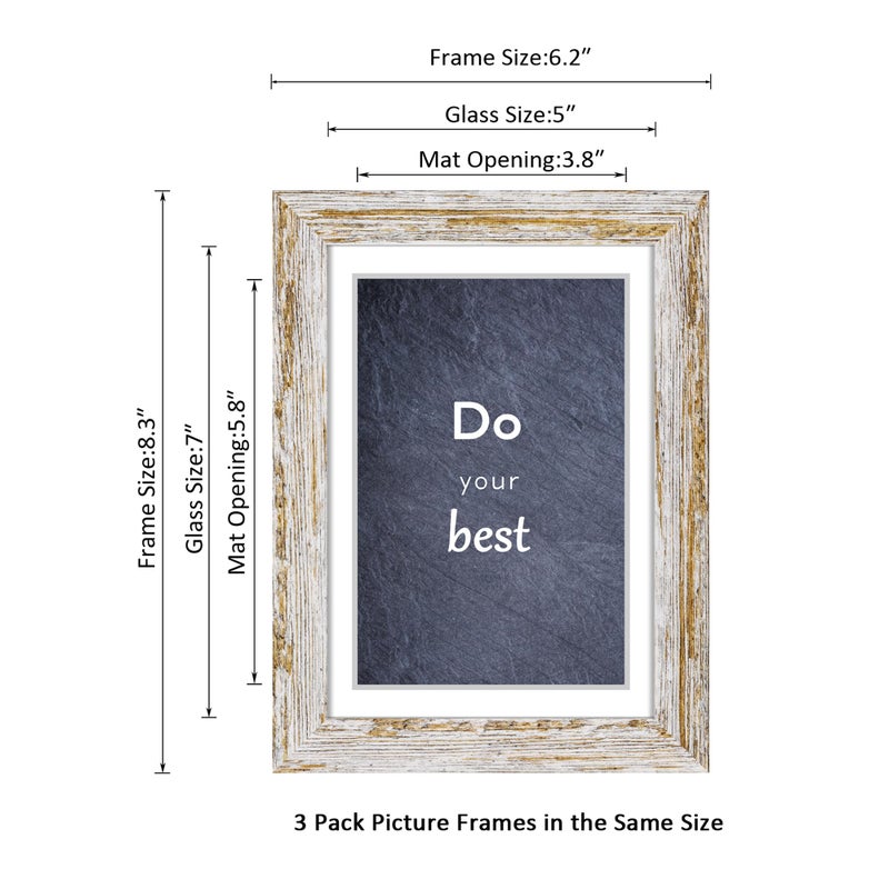 DEKWINN Rustic Distressed Retro Style White Photo Frame 5x7 Picture Frame Set of 3 with Real Glass for Pictures 4x6 with Mat or 5x7 Without Mat, Wall Gallery or Tabletop display - Image 2