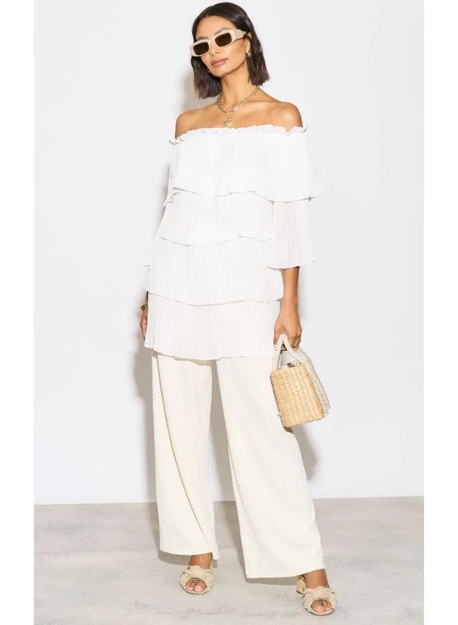 Hoxton Gal White Off‑Shoulder Pleated Tiered Relaxed Fit 3/4 Sleeves Blouse