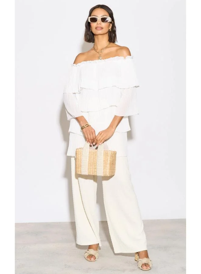Hoxton Gal White Off‑Shoulder Pleated Tiered Relaxed Fit 3/4 Sleeves Blouse