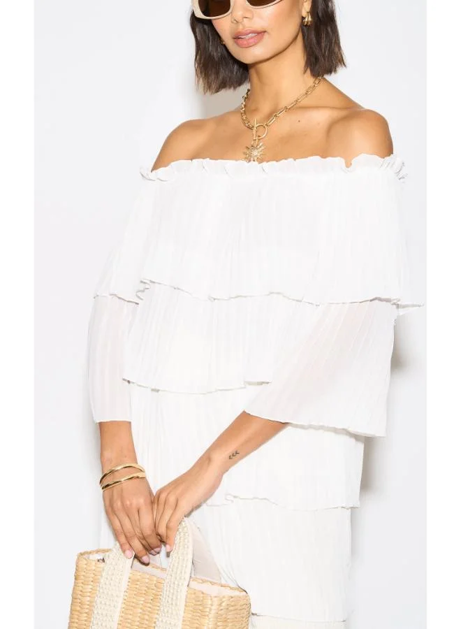 Hoxton Gal White Off‑Shoulder Pleated Tiered Relaxed Fit 3/4 Sleeves Blouse