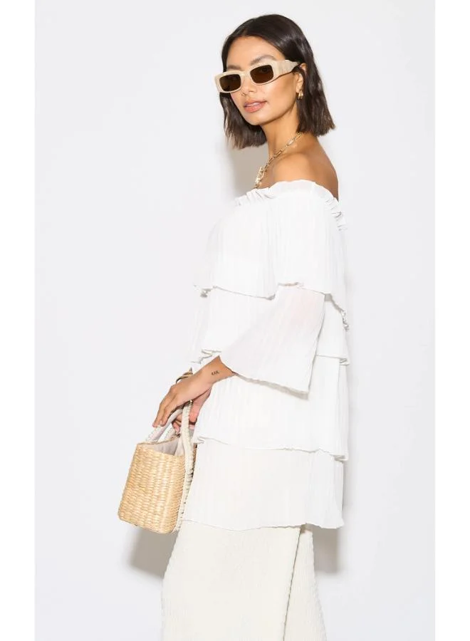 Hoxton Gal White Off‑Shoulder Pleated Tiered Relaxed Fit 3/4 Sleeves Blouse