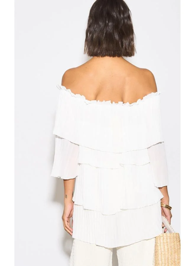 Hoxton Gal White Off‑Shoulder Pleated Tiered Relaxed Fit 3/4 Sleeves Blouse