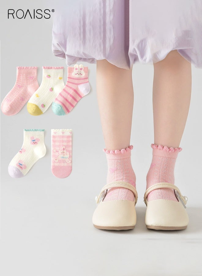 رويس مجموعة من 5 أزواج من الجوارب الشبكية، جوارب متوسطة الطول للفتيات بنقوش جميلة، جوارب مريحة وقابلة للتنفس للفتيات، جوارب متوسطة الطول للفتيات، سهلة التنسيق مع الملابس - Image 2