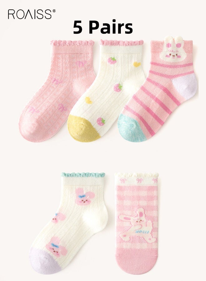 رويس مجموعة من 5 أزواج من الجوارب الشبكية، جوارب متوسطة الطول للفتيات بنقوش جميلة، جوارب مريحة وقابلة للتنفس للفتيات، جوارب متوسطة الطول للفتيات، سهلة التنسيق مع الملابس - Image 1