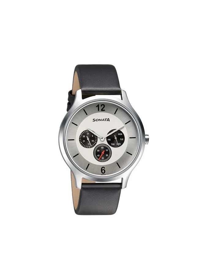 Sonata Round Shape Leather Band Analog Wrist Watch 7140SL01 - 42 mm - Black