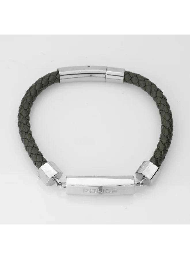 POLICE Hardware Silver Stainless Steel and Olive Green Leather Bracelet for Men