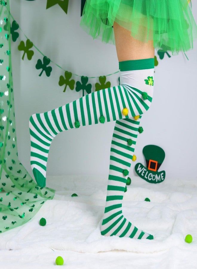 CanB St. Patrick's Day Thigh High Stockings Green Over Knee High Socks Shamrock Striped Knee Long Stockings Irish Costume (Nylon, F) - Image 3
