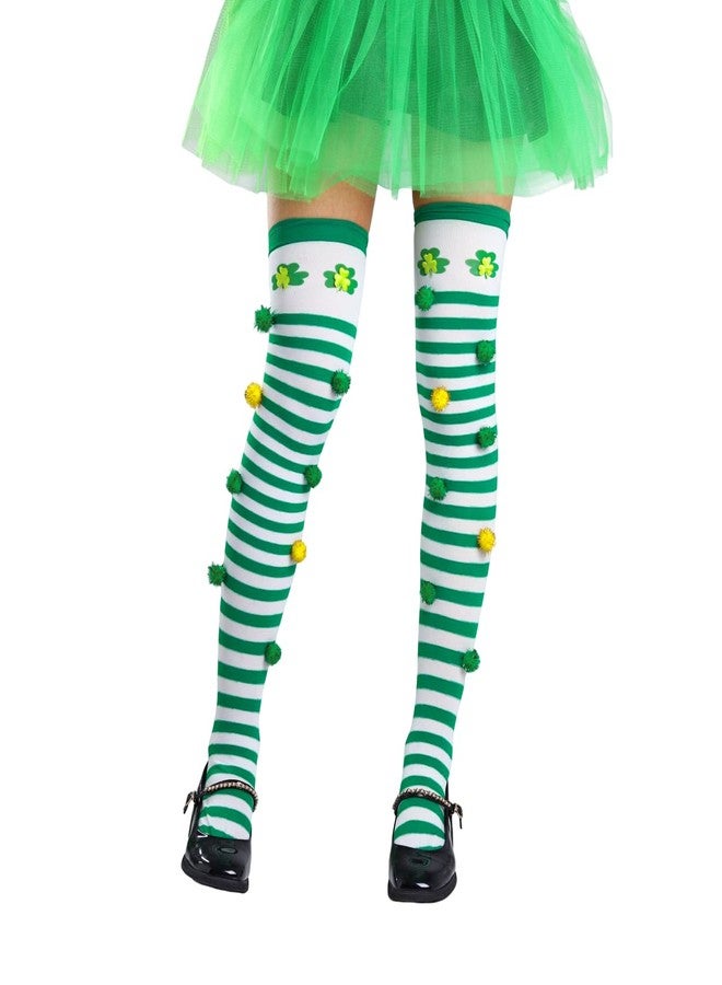 CanB St. Patrick's Day Thigh High Stockings Green Over Knee High Socks Shamrock Striped Knee Long Stockings Irish Costume (Nylon, F) - Image 1
