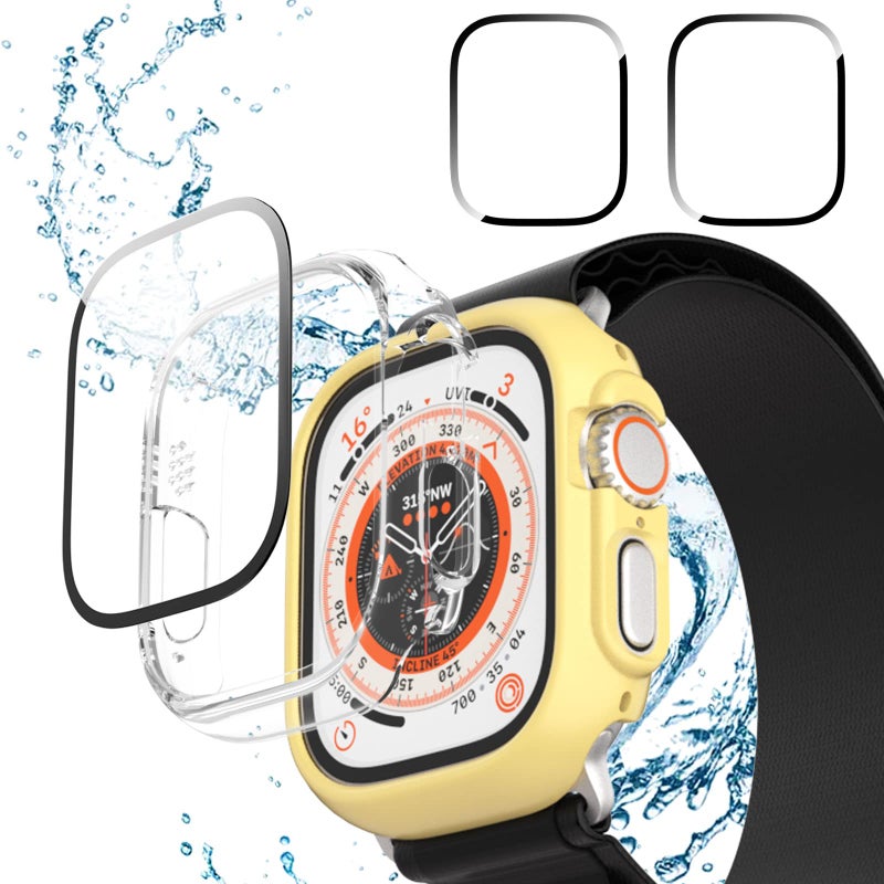 Cuteey Apple Watch Ultra 49mm 2+2 Pack Case with Waterproof Separate Tempered Glass Screen Protector, Hard PC Cover Bumper, Yellow+Clear - Image 1