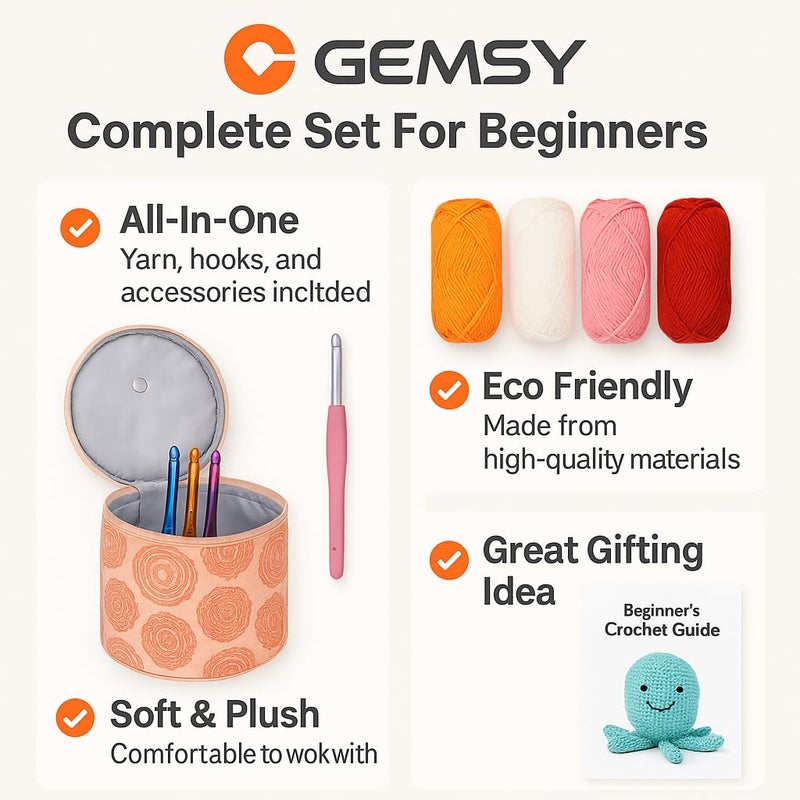 GEMSY Gemsy® Complete Crochet Kit for Beginners, Adults & Kids - Crochet Set with Yarn, Ergonomic Hooks, Knitting Needles,Tools, Accessories & Travel Bag, Crochet Starter Kit for Amigurumi, Blanket, Crafts, Sweater DIY - Image 3