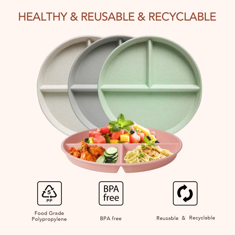 greenandlife 9 Inch (4PCS) Unbreakable Divided Plates for Kids Adults, Dishwasher & Microwave Safe Compartment Plate, Lightweight Reusable Plastic Portion Control Plates, BPA Free and Healthy - Image 4