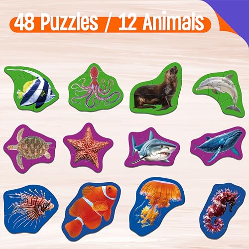SpriteGru 12 Pack Marine Animal Puzzles 48 Pieces StepbyStep Animal Jigsaws Realistic Sea Animal Jigsaw Puzzles with Name Guide Early Learning for Beginner Preschool Toddlers 3 Years Old - Image 5