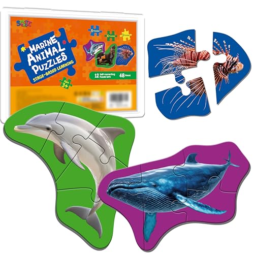 SpriteGru 12 Pack Marine Animal Puzzles 48 Pieces StepbyStep Animal Jigsaws Realistic Sea Animal Jigsaw Puzzles with Name Guide Early Learning for Beginner Preschool Toddlers 3 Years Old - Image 1