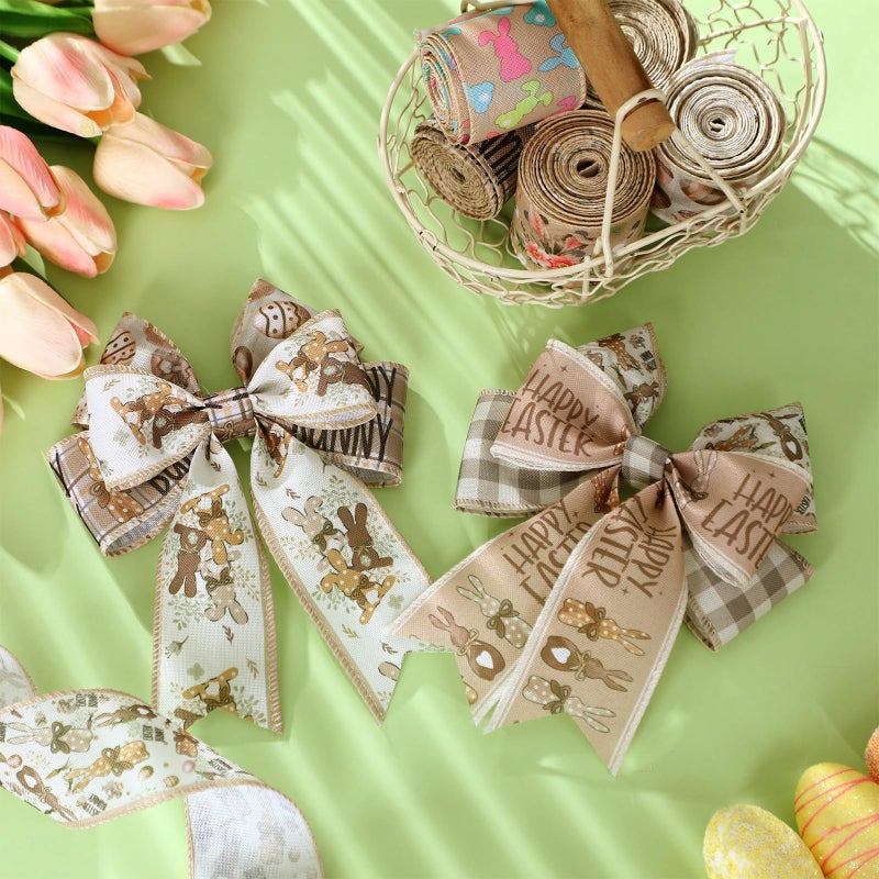 Vincreem 12 Rolls Easter Bunny Wired Edge Ribbon for Wreaths 2 Inch x 60 Yards Happy Easter Floral Bunny Print Grosgrain Ribbon for Bow Gift Bow Crafts Party Supplies 12 Styles - Image 4