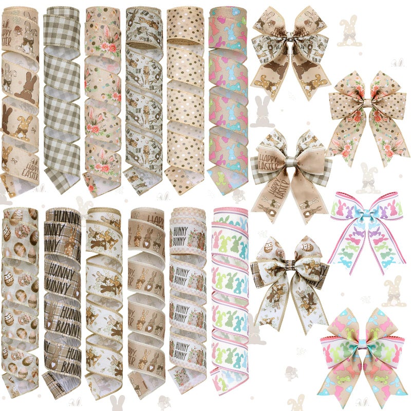 Vincreem 12 Rolls Easter Bunny Wired Edge Ribbon for Wreaths 2 Inch x 60 Yards Happy Easter Floral Bunny Print Grosgrain Ribbon for Bow Gift Bow Crafts Party Supplies 12 Styles - Image 1