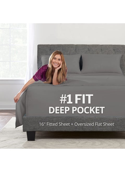 Deep Pocket Cal King Bed Sheets - 4-Piece Includes: Real 16  Inch Extra Deep Pocket Fitted Sheet [Best-Fit for 14 -18 Mattress] - Oversize Flat Sheet - 1 Zipper Closure Pillowcase - Medium Gray