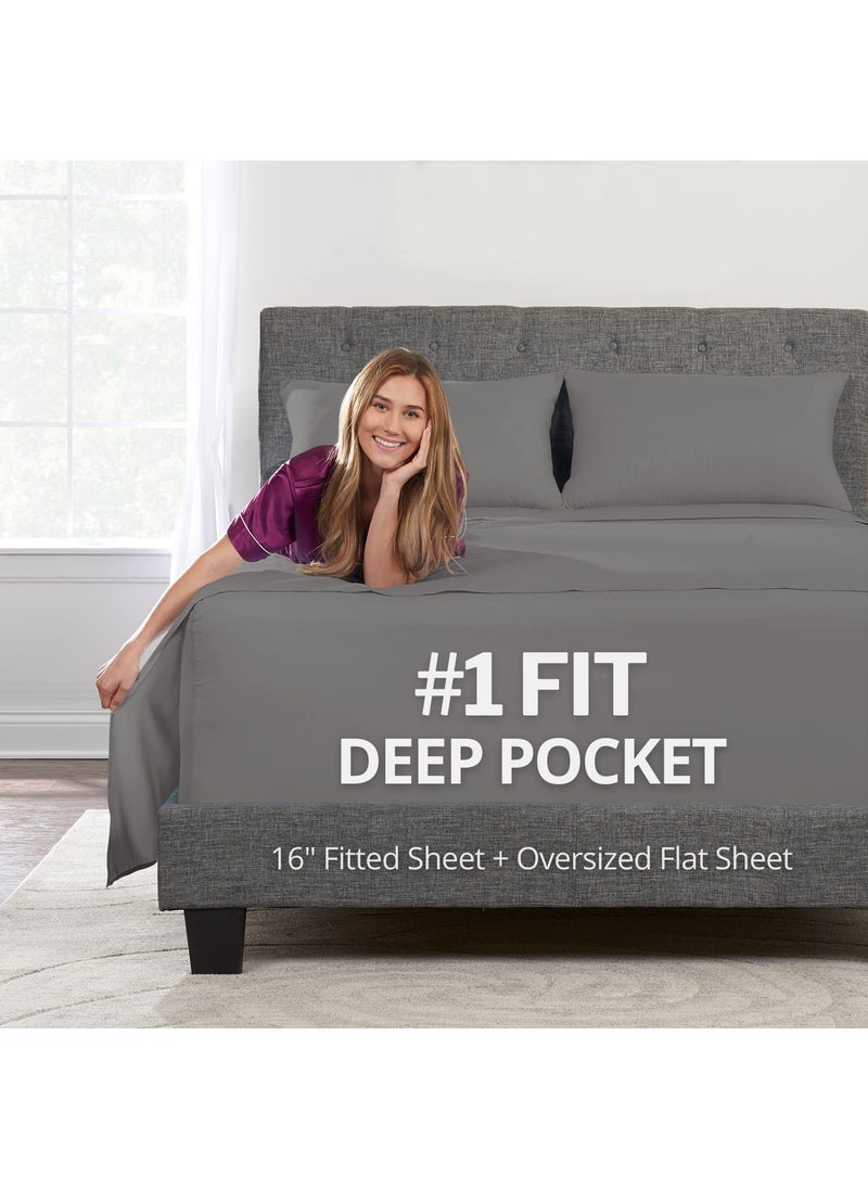 Deep Pocket Cal King Bed Sheets - 4-Piece Includes: Real 16  Inch Extra Deep Pocket Fitted Sheet [Best-Fit for 14 -18 Mattress] - Oversize Flat Sheet - 1 Zipper Closure Pillowcase - Medium Gray
