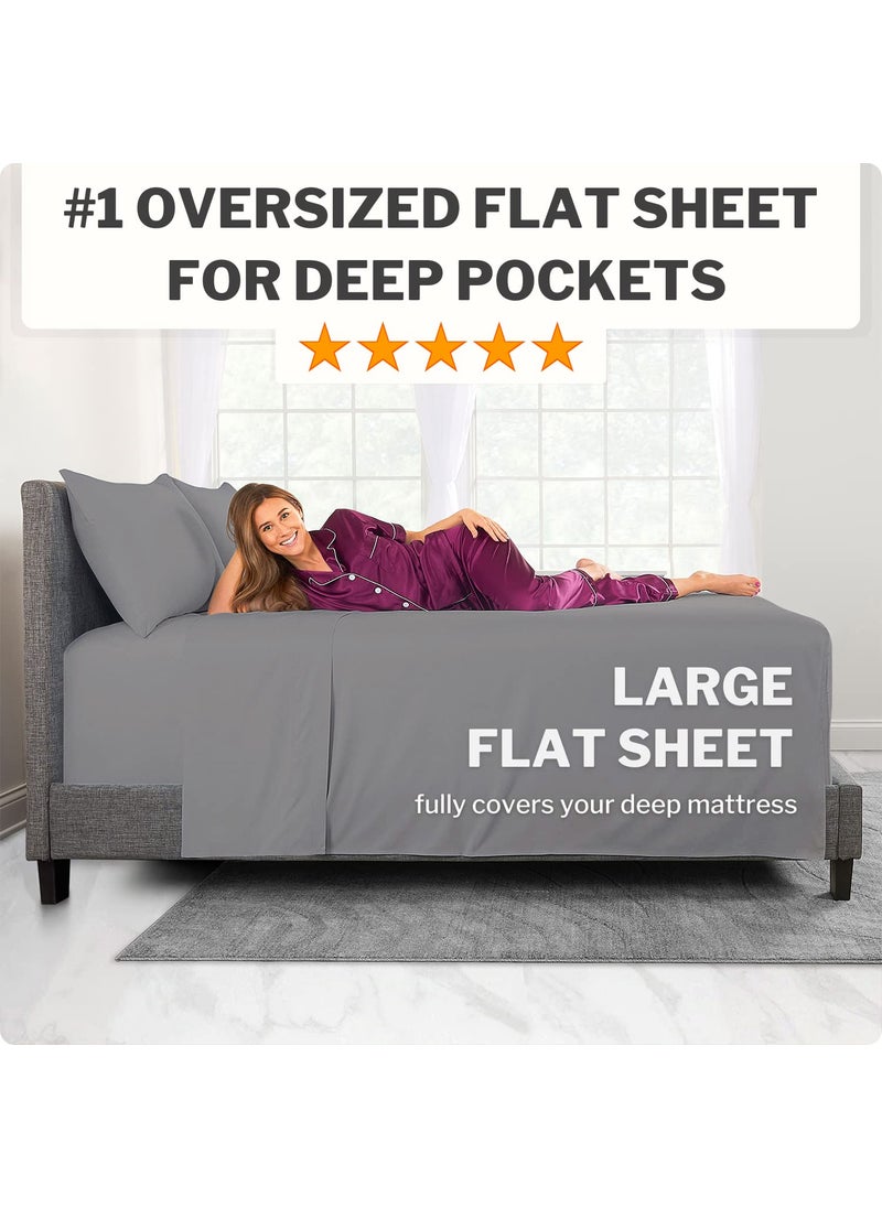 Deep Pocket Cal King Bed Sheets - 4-Piece Includes: Real 16  Inch Extra Deep Pocket Fitted Sheet [Best-Fit for 14 -18 Mattress] - Oversize Flat Sheet - 1 Zipper Closure Pillowcase - Medium Gray