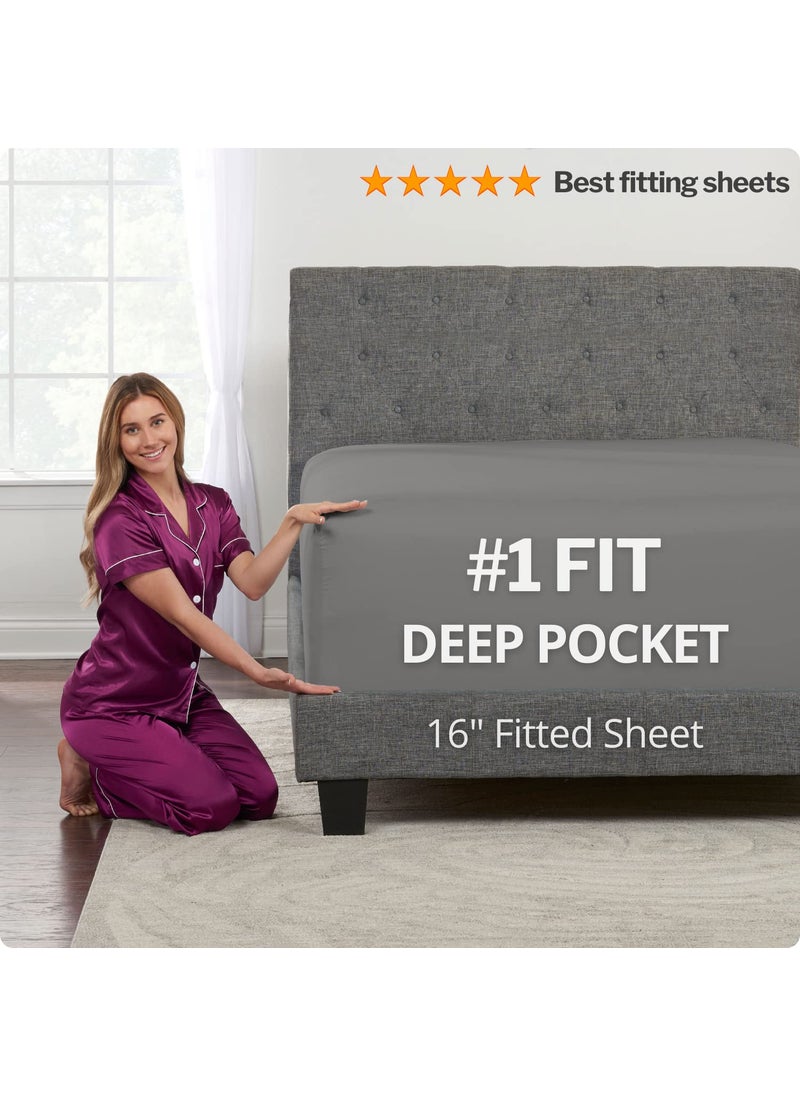 Deep Pocket Cal King Bed Sheets - 4-Piece Includes: Real 16  Inch Extra Deep Pocket Fitted Sheet [Best-Fit for 14 -18 Mattress] - Oversize Flat Sheet - 1 Zipper Closure Pillowcase - Medium Gray
