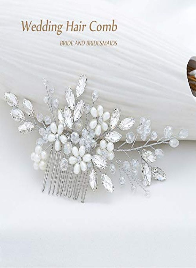 Unicra Bride Flower Wedding Hair Comb Crystal Bridal Silver Side Comb Pearl Hair Accessorie For Women And Girls (A-Silver) - Image 3