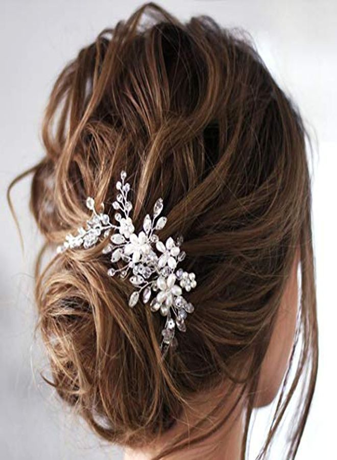 Unicra Bride Flower Wedding Hair Comb Crystal Bridal Silver Side Comb Pearl Hair Accessorie For Women And Girls (A-Silver) - Image 4