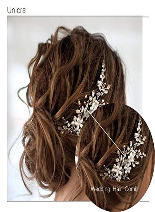 Unicra Bride Flower Wedding Hair Comb Crystal Bridal Silver Side Comb Pearl Hair Accessorie For Women And Girls (A-Silver) - Image 2