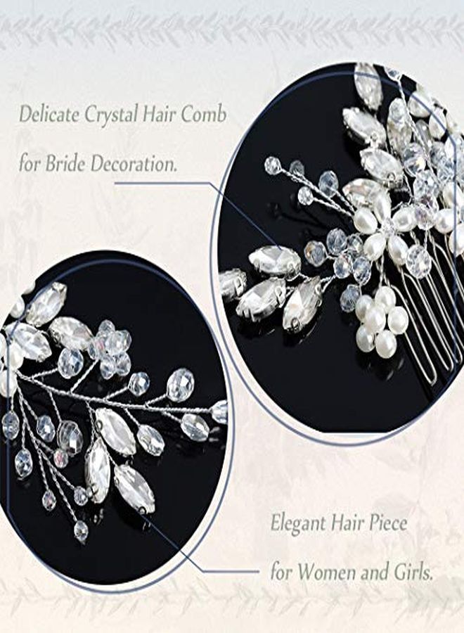 Unicra Bride Flower Wedding Hair Comb Crystal Bridal Silver Side Comb Pearl Hair Accessorie For Women And Girls (A-Silver) - Image 5
