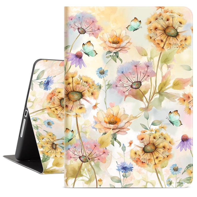 Lokigo Case for iPad 9th/8th/7th Generation (2021/2020/2019) 10.2 Inch, Shockproof iPad 10.2 Case Soft TPU Back for 9th Generation iPad Case, Adjustable Multi Viewing Stand, Yellow Dandelion - Image 1