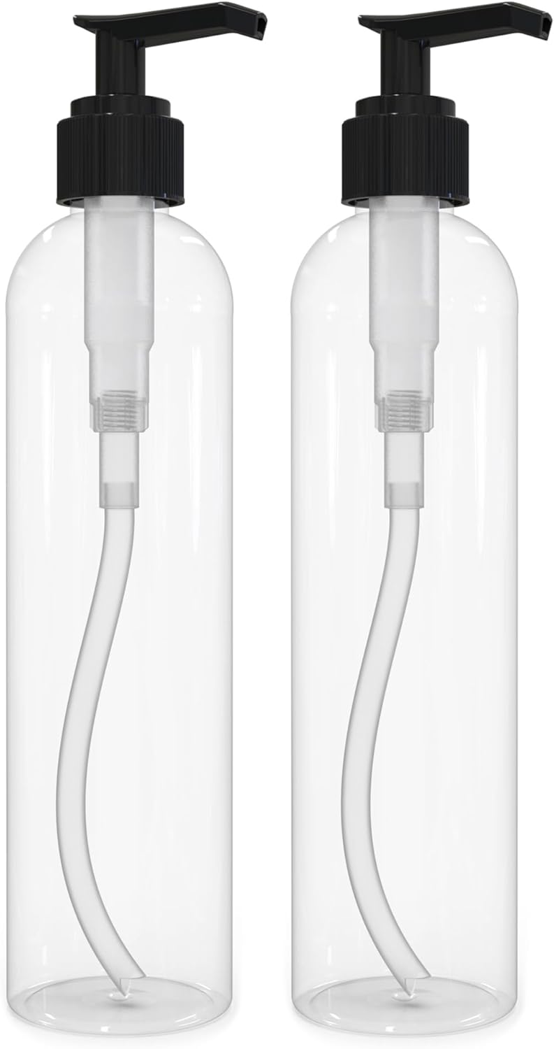 BRIGHTFROM Lotion Pump Bottles, Empty 8 OZ, BPA-Free Refillable Plastic Containers, Clear with Black Dispenser for - Soap, Shampoo, Lotions, Liquid Body Soap, Creams and Massage Oil (2 Pack) - Image 1