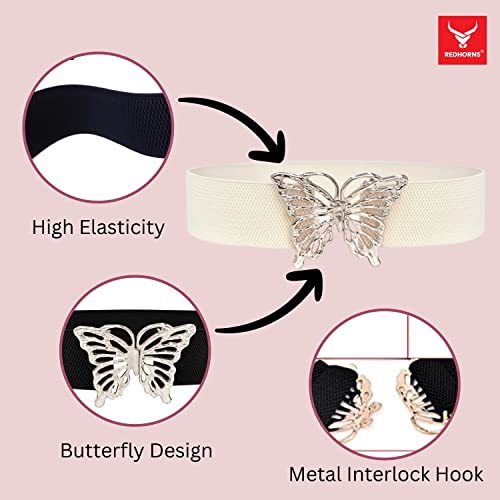 REDHORNS Fabric Elastic Waist Belt for Women Dresses Butterfly Design Stretchy Wide Belt for Ladies Saree - Free Size (LD134J_White) - Image 2
