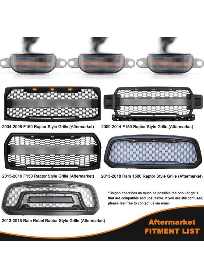 Boigoo Front Grille Lights Compatible for 2004-2019 Ford F-150 Raptor & 2013-2018 Dodge Ram 1500 Raptor Style Aftermarket Grilles, Cars Grid Decorative LED (Yellow Light Smoked Lens) - Image 5