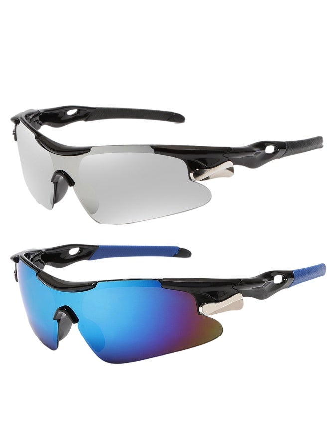 Generic 2 Pcs Outdoor Sports UV Protection Half Frame Sunglasses, UV400 Polarized Cycling Sports Sunglasses, Windproof Goggles for Baseball Golf (Silver+Blue) - Image 1