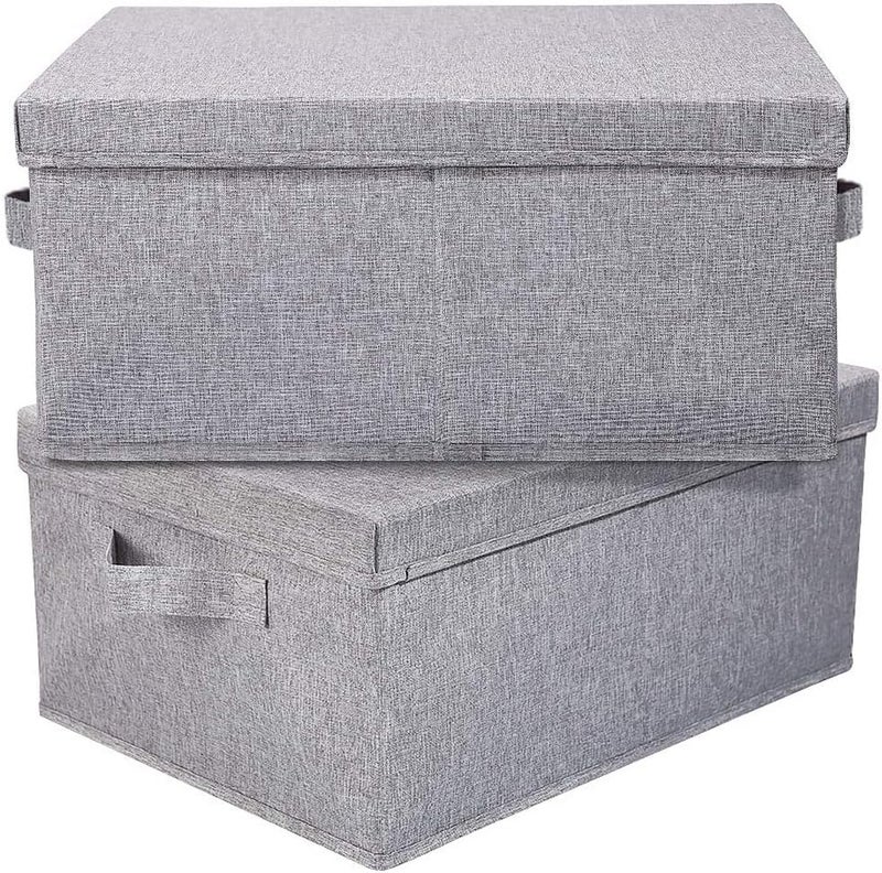 HOONEX Linen Foldable Storage Bins with Lids, 2 Pack, Storage Boxes with Carrying Handles and Sturdy Heavy Cardboard, 16.5" L x 11.8" W x 7.5" H for Shoes, Books, Clothes, Light Grey - Image 1