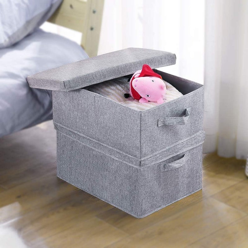 HOONEX Linen Foldable Storage Bins with Lids, 2 Pack, Storage Boxes with Carrying Handles and Sturdy Heavy Cardboard, 16.5" L x 11.8" W x 7.5" H for Shoes, Books, Clothes, Light Grey - Image 3