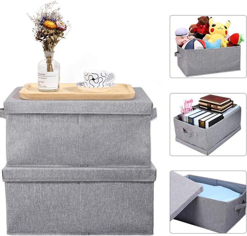 HOONEX Linen Foldable Storage Bins with Lids, 2 Pack, Storage Boxes with Carrying Handles and Sturdy Heavy Cardboard, 16.5" L x 11.8" W x 7.5" H for Shoes, Books, Clothes, Light Grey - Image 2