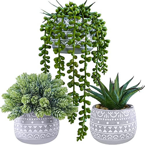 Winlyn 3 Pcs Assorted Small Potted Succulent Plants Artificial Aloe Hops String of Pearls Succulents in Gray Geometric Concrete Pots for Gifts Table Shelf Windowsill Indoor Outdoor Greenery Decor - Image 1
