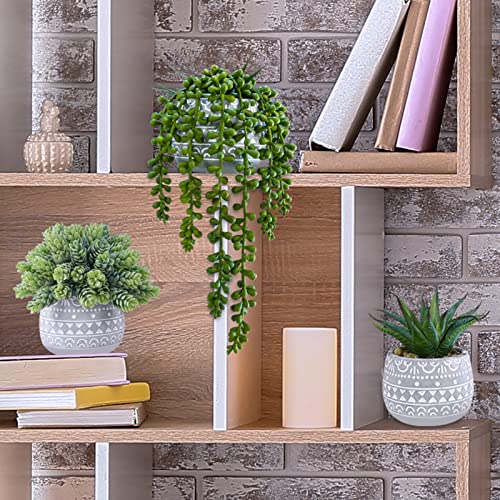 Winlyn 3 Pcs Assorted Small Potted Succulent Plants Artificial Aloe Hops String of Pearls Succulents in Gray Geometric Concrete Pots for Gifts Table Shelf Windowsill Indoor Outdoor Greenery Decor - Image 4